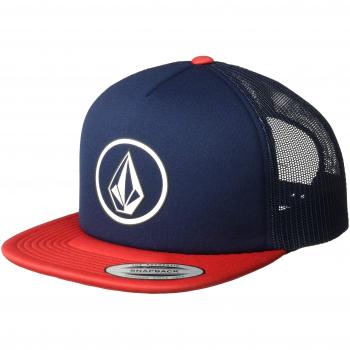 Volcom Men's Full Frontal Cheese Trucker Snapback Hat Engine Red Blue
