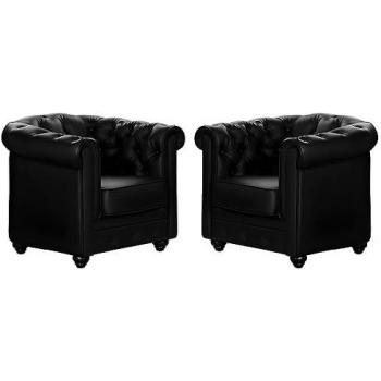 Conjunto de 2 sillones Chesterfield - Piel sintética - Color negro - Estilo clásico e intemporal