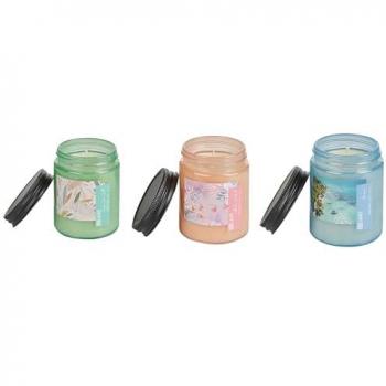 Conjunto de 3 velas aromáticas multicolores 100% cera de soja con mecha de algodón en vaso, fragancias frescas y florales: sal marina, océano y orquídea aloha
