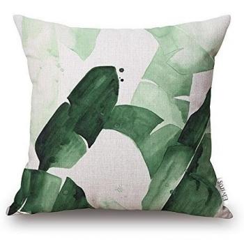 Elviros Lino y Algodón Blend Decorativo Funda de Cojínes 45x45 cm [18x18'' pulgadas] Hojas Tropicales