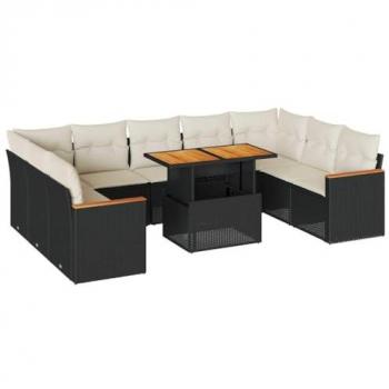 vidaXL 10 Piece Garden Sofa Set with Cushions Black Poly Rattan Acacia