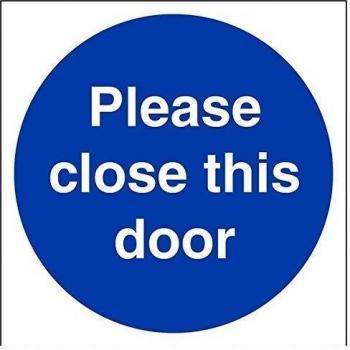 vsafety 18009 AT-Spor favor cierre esta puerta obligatorio signos, vinilo autoadhesivo, cuadrado, 200 mm x 200 mm, color azul