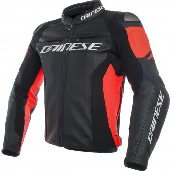 Dainese Racing 3  Perforado Piel Moto Chaqueta Color Negro/Negro/Fluo Rojo 46  Euro/36  EE. UU.