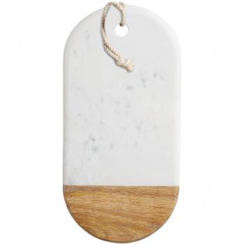 KitchenCraft MasterClass Tabla de Mármol para Servir con Borde de Madera; Queso, Salsas y Picoteo, 16,5 x 33,5 cm - Blanco