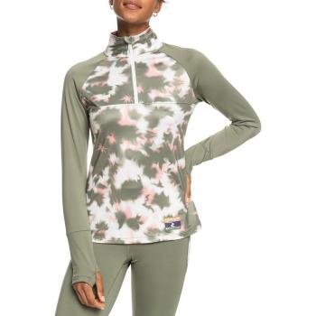 Roxy Big Gel - Top de Manga Larga Técnico para Mujer, Color Verde Oscuro con Detalles en Blanco y Rosa, Talla XS