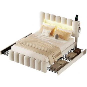 Cama tapizada 160x200 cm con 4 cajones, tira LED, USB y sistema de audio, diseño moderno, color beige