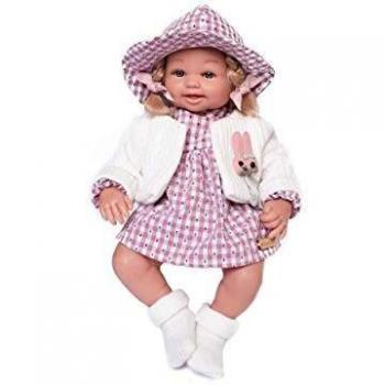 Muñecas Guca- MUÑECA ÁNGELA Vestido A Cuadros Rojo Y Blanco Anclas con Rebeca Lana CRUDA Y GORRITO. 38CM, Multicolor
