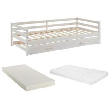 Cama Nido AEDAN II - 2 x 90 x 190 cm - Pino Macizo y MDF - Blanca con Colchón