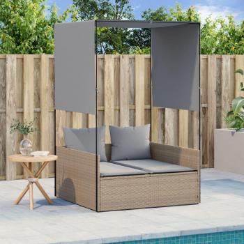 Tumbona doble con techo y cortinas ratán sintético negro, marrón, gris - Silla de exterior ideal para jardín, playa, piscina, terraza