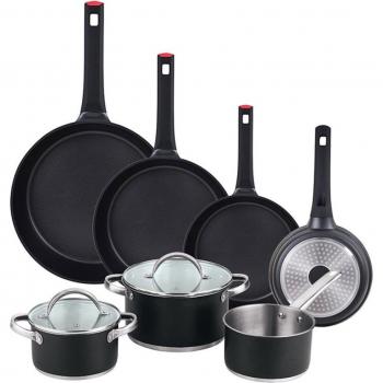 Batería de cocina San Ignacio 5 piezas Ø16, Ø20, Ø24 cm con tapas + Juego de sartenes Ø20, Ø24, Ø28, Ø30 cm de aluminio fundido
