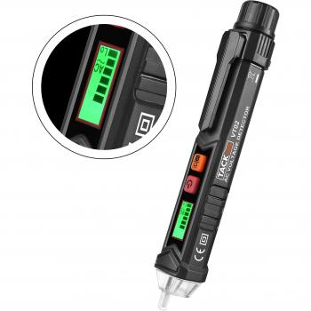 Tacklife VT02 Detector del Voltaje CA sin contacto con flash LED, alarma sonora, detector de tensión elíctrico comprobador de 12V-1000V distinguir cable vivo y nulo en 3 niveles