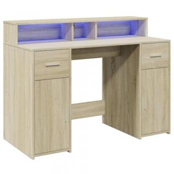 Escritorio con LED madera ingeniería roble Sonoma 120x55x91 cm Marrón