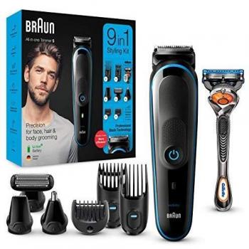 Braun Recortadora MGK5280 9 en 1, Máquina recortadora de barba, set de depilación corporal y cortapelos para hombre, color negro/azul