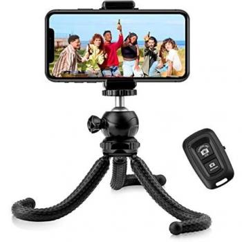 Tymoosty Tripode para Movil, Tripodes Flexible Mini Tripode Camaras Telefono con Remoto Bluetooth y Rótula de Bola 360°, Tornillo Universal 1/4''