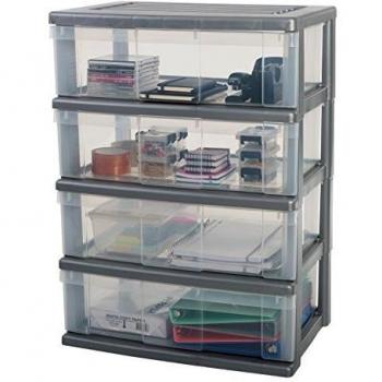 Iris Ohyama Wide Chest WC-N04 Gran Torre de Almacenamiento de 4 cajones con Ruedas, Plastic, Plata