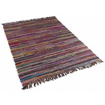 Alfombra de Área Rectangular Hecha a Mano Multicolor Oscura de Algodón y Poliéster 140 x 200 cm con Flecos Rayada