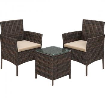 Conjunto de Muebles de Jardín en Ratán Marrón y Topo - Incluye 2 Sillones y 1 Mesa para Patio y Terraza