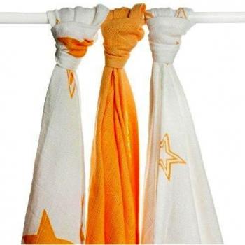 XKKO Stars - Pack de 3 muselinas de bambú, estrellas naranjas, 70 x 70 cm, 90 gramos