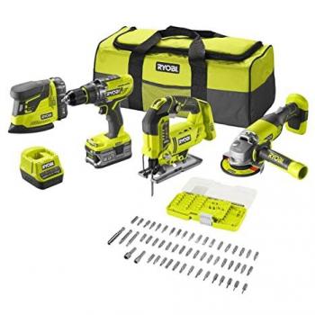 Pack Herramientas Inalámbricas Ryobi ONE+ R18CK4F-252S: Taladro, Amoladora, Sierra de Calar y Lijadora con 2 Baterías 18V (5.0Ah
