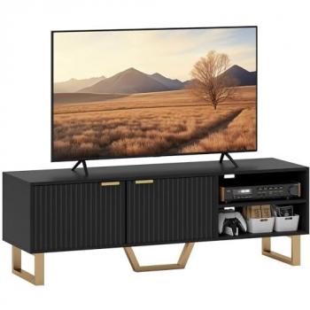 Mueble de TV contemporáneo con 2 puertas acanaladas, compartimento abierto y pasacables para televisores de hasta 70 pulgadas, color negro