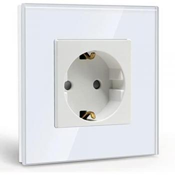 BSEED Enchufe de pared,Schuko Enchufe Simple con Panel de cristal Blanco,16A 250V toma de corriente,enchufes de extensión para Cocina, Dormitorio, Oficina, Hotel, etc