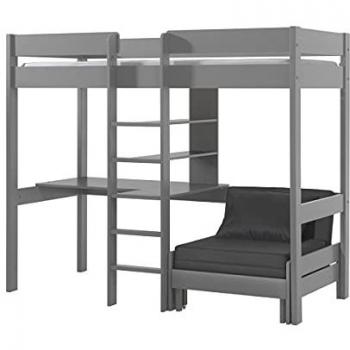 Cama alta Vipack Pino gris 90x200 cm con sillón y escritorio de madera maciza