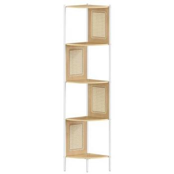 Estantería Esquinera de 5 Niveles con Diseño de Ratán y Estructura de Metal - Ideal para Salón y Estudio, Color Beige Roble, 31.9x31.9x156.4 cm