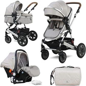 Lorelli - Carrito de bebe 3 en 1 convertible LORA . Gris con chasis cromado, con silla de auto grupo