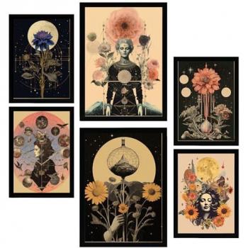 Set de 6 Pósters Collage Surrealista Esotérico Místico en Tonos Pastel para Decoración de Paredes del Hogar (A3 y A4, Sin Marco)