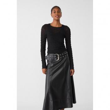Black Faux Leather Layered Midi Skirt L