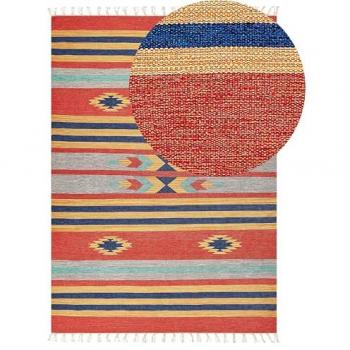 Alfombra Kilim Multicolor de Algodón 200 x 300 cm, Tejida a Mano, Reversible, Patrón Geométrico con Borlas