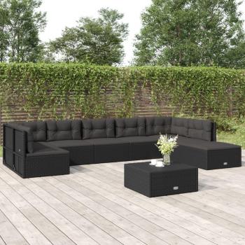 8 Piece Black Poly Rattan Garden Lounge Set with Cushions