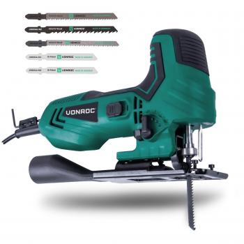 Sierra de calar VONROC 550W con empuñadura ergonómica de barril, ángulo de corte ajustable de -45° a 45°, incluye 5 hojas de sierra, guía paralela, llave