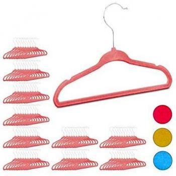 Pack de 100 perchas infantiles antideslizantes de terciopelo rosa con ganchos giratorios