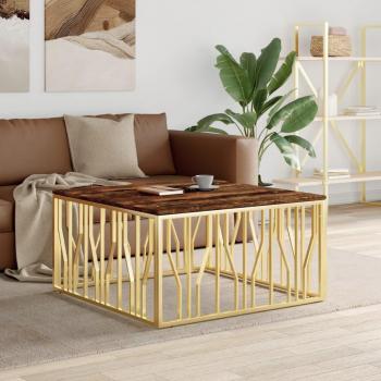 Mesa de café de acero inoxidable dorado con madera maciza reciclada