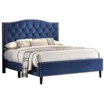 Cama de Matrimonio Jessy 135cm Azul en Terciopelo + Colchón Viscoelástico de 28 cm