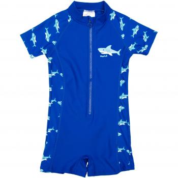 Traje de baño entero para niños con protección UV, diseño de tiburones, color azul marino