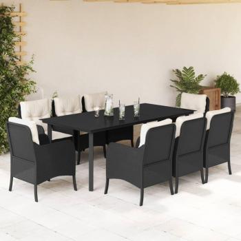 9-Piece Black Poly Rattan Garden Dining Set with Cushions