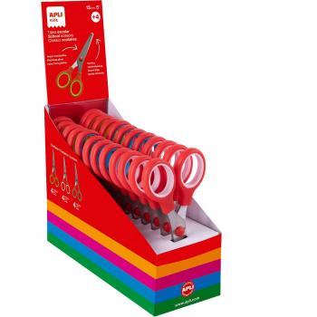 Expositor Tijeras Escolares Apli 13cm - Pack de 12 - Punta Roma Seguridad - Ergonómicas Ambidiestras - Aros Simétricos ABS - Hojas Acero Inoxidable