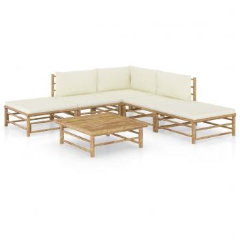vidaXL Set de muebles de jardín 6 piezas bambú y cojines blanco crema