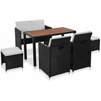 6-Piece Black Poly Rattan and Acacia Wood Outdoor Dining Set