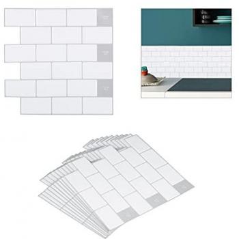 Pack 10 Vinilos Pared Autoadhesivos 3D Estilo Metro, para Cocina o Baño, 30,5x30,5 cm, Blanco