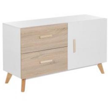 Beliani Cómoda Aparador con 2 cajones y estantes, color blanco y madera clara, fabricada en MDF con patas de madera, ideal para almacenamiento en sala de estar