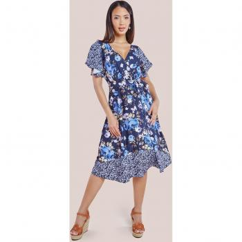 Goddiva Flutter Sleeve Printed Midi Dress - Navy Print, Size 14 UK