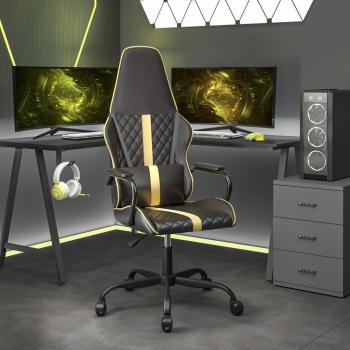 Silla gaming de cuero sintético negro y dorado, diseño ergonómico, reposabrazos ajustables, base giratoria de 360 grados, altura regulable, ruedas suaves para suelo duro y moqueta