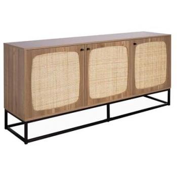 Aparador Buffet de 3 puertas redondeadas de madera y caña, 160cm, Retro, Natural, dimensiones 160x40x75 cm, patas y tiradores de metal negro