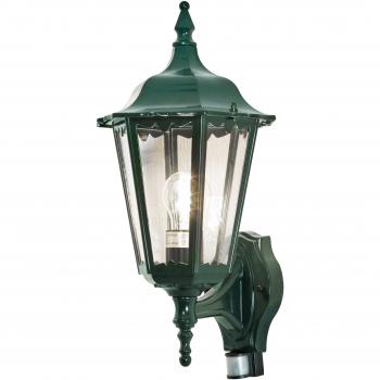 Aplique de pared exterior Firenze con sensor, tipo farol, verde, IP44