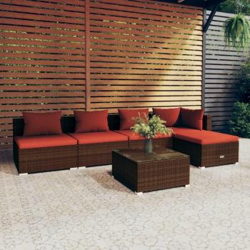 6-Piece Brown Poly Rattan Garden Lounge Set with Cushions