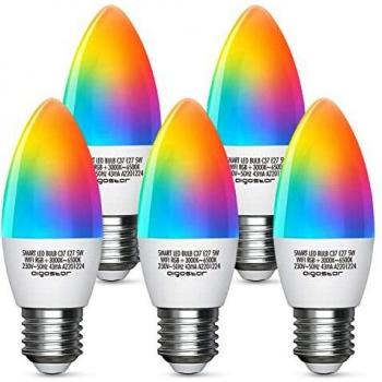 Aigostar Bombilla LED inteligente WiFi vela C37, 5W, E27 rosca gorda, RGB + CCT. Regulable multicolor + luz cálida o blanca 3000 a 6500K. Compatible Alexa y Google Home. Pack 5 uds