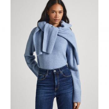 Jersey Pepe Jeans Denisse Azul para Mujer con Cuello Redondo y Detalles Acanalados